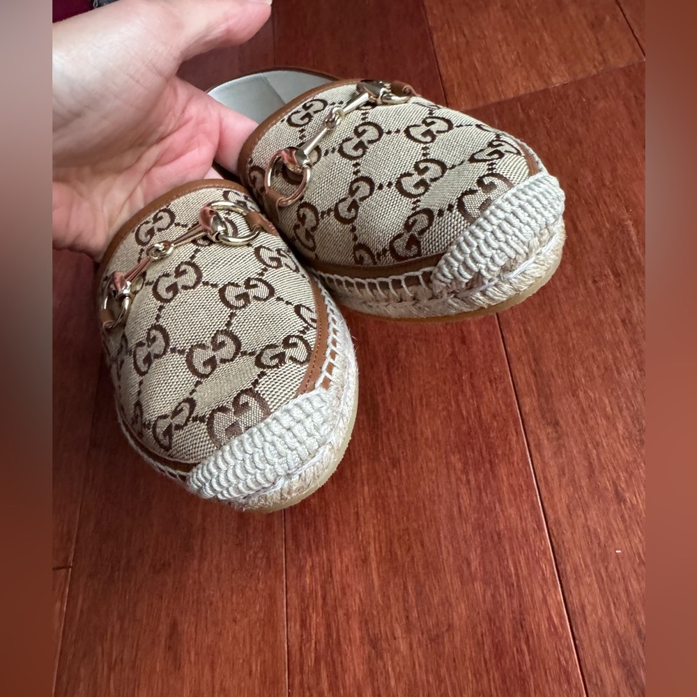 Gucci Pilar Horsebit GG Logo Print Espadrilles Flats Camel Ebony EU39.5 US 9.5 - Picture 6 of 13